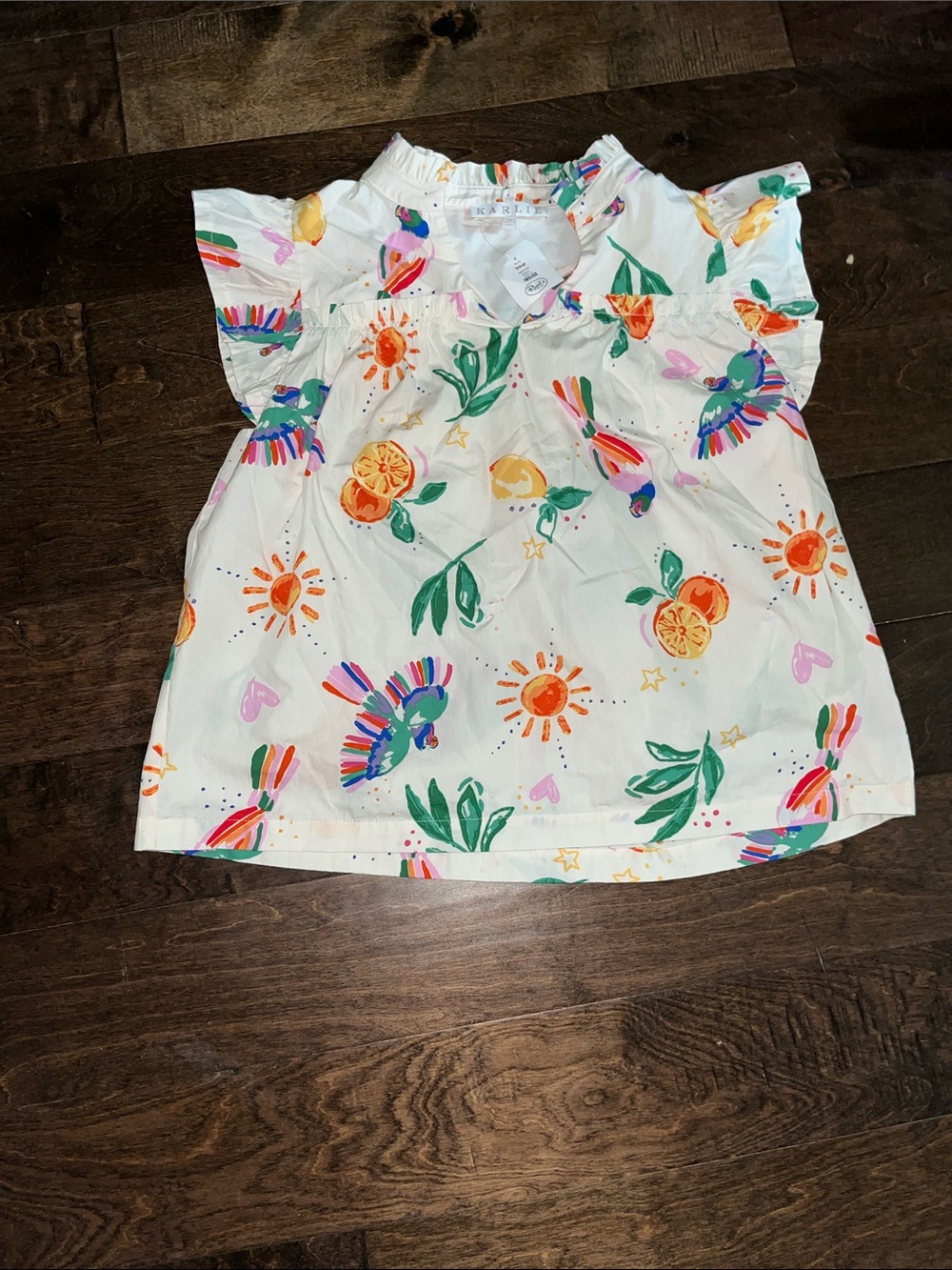 Karlie White Ruffle Sleeve Top with Colorful Fruit & Sun Print